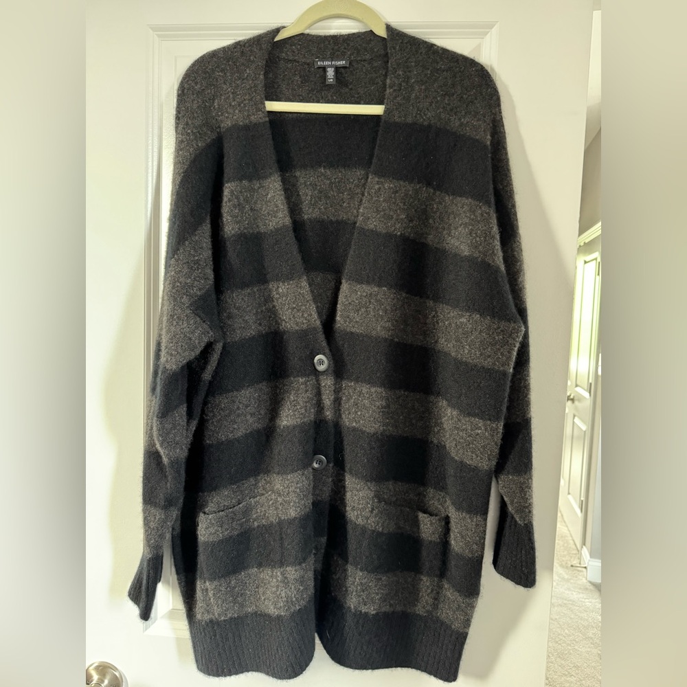 Eileen Fisher Black and Gray Striped V-Neck Cardigan